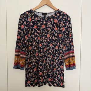 J Jill Wearever Tunic Top Womens Sz S Petite Floral 3/4 Sleeve Stretch Casual